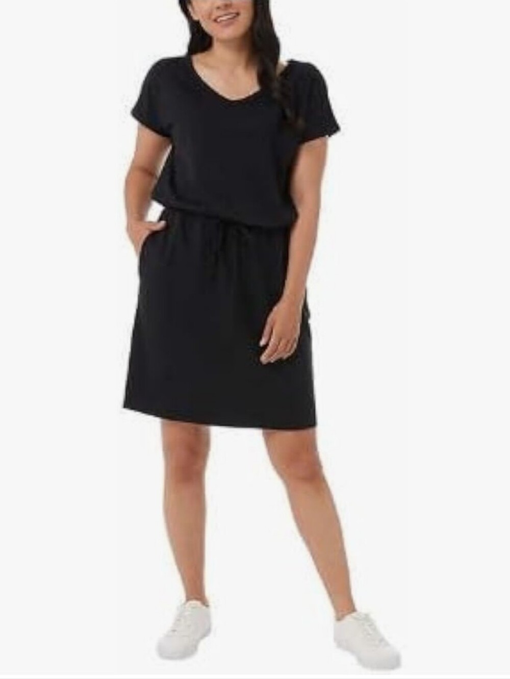 32 Degrees Women's Cool Black Soft Short-Sleeve Drawstring V-neck Tee Dress XS